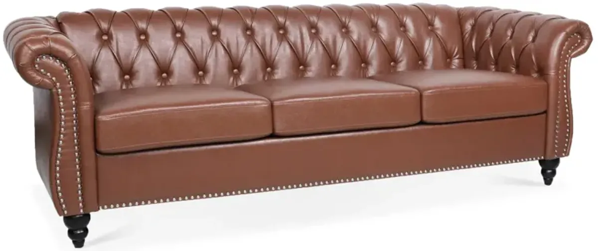 Brown PU Rolled Arm Chesterfield Three Seater Sofa