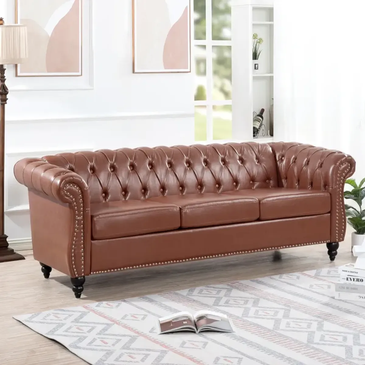 Brown PU Rolled Arm Chesterfield Three Seater Sofa