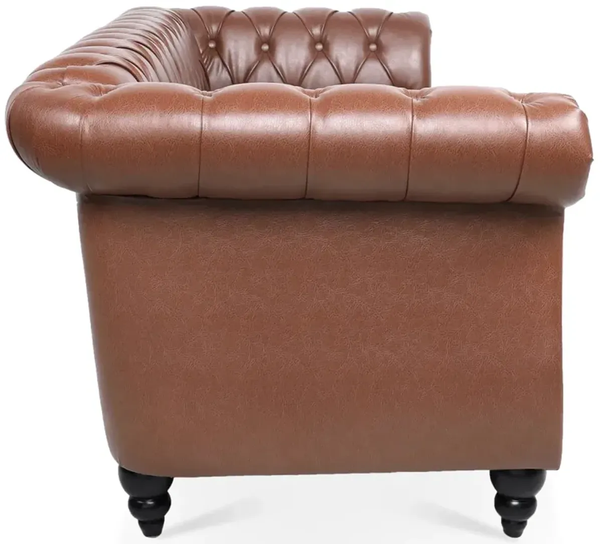 Brown PU Rolled Arm Chesterfield Three Seater Sofa