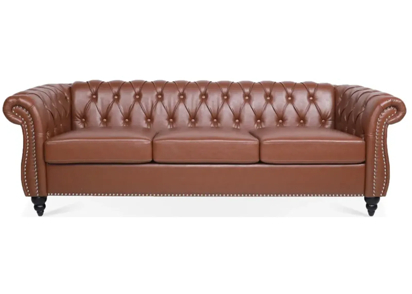 Brown PU Rolled Arm Chesterfield Three Seater Sofa