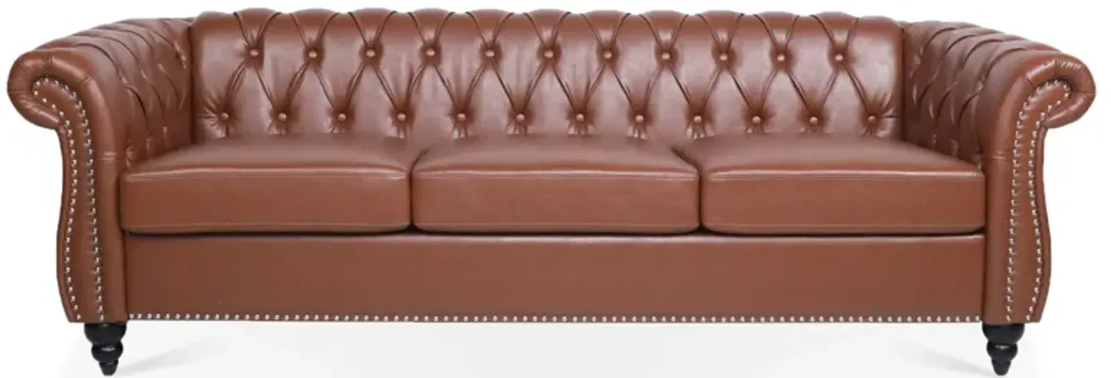 Brown PU Rolled Arm Chesterfield Three Seater Sofa