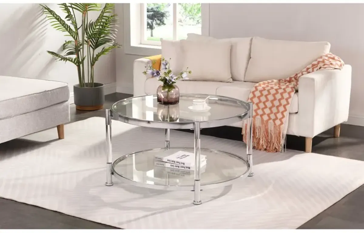 Contemporary Acrylic Coffee Table, Round Tempered Glass Coffee Table, Chrome/Silver Coffee