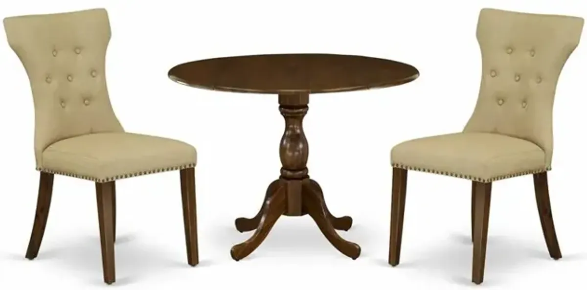 East West Furniture DMGA3-AWA-03 3 Piece Modern Dining Table Set Contains 1 Drop Leaves Dining Table and 2 Brown Linen Fabric Kitchen Chair Button Tufted Back with Nail Heads - Acacia Walnut Finish