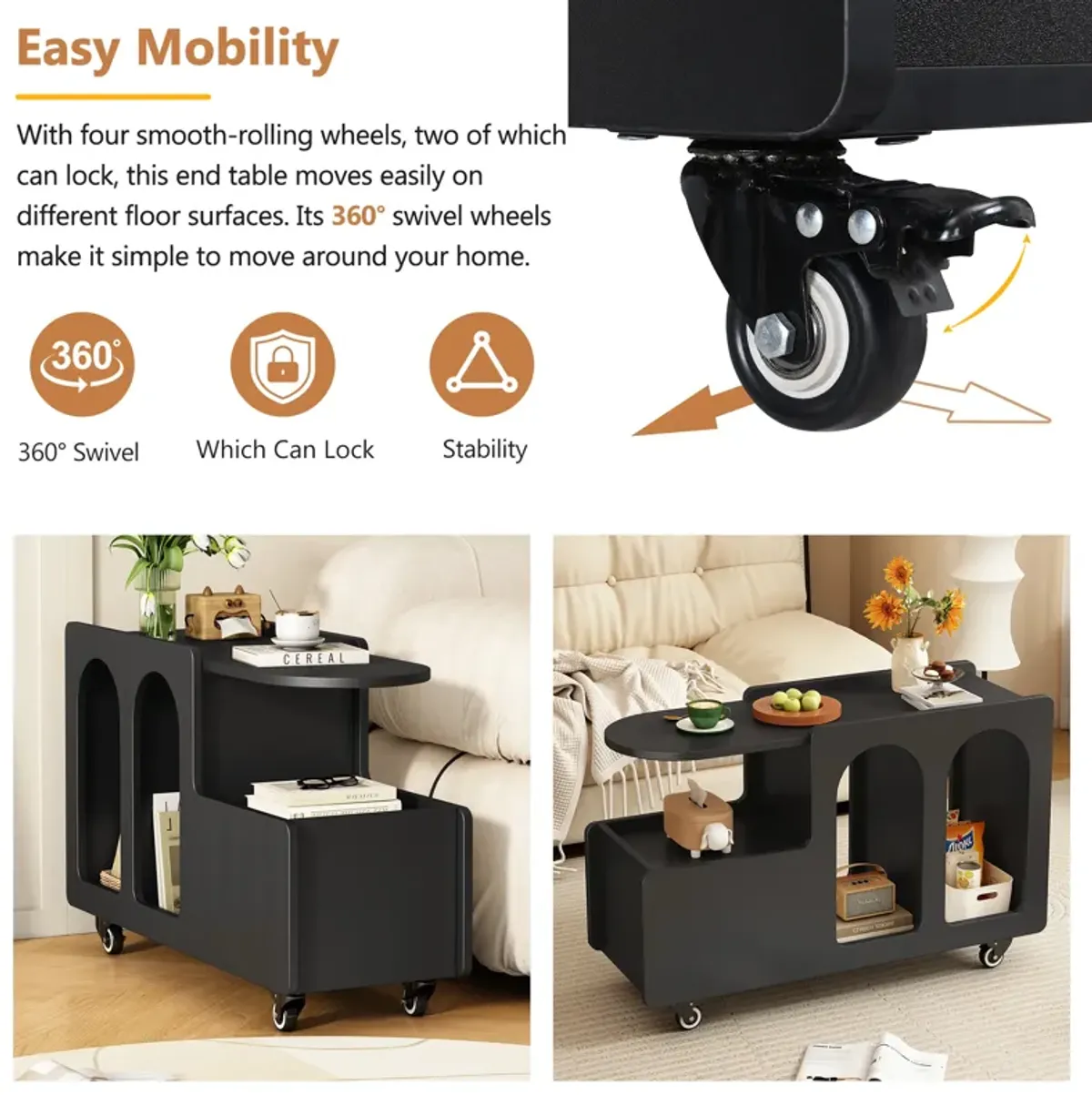 Merax Mobile End Table with Lockable Wheels