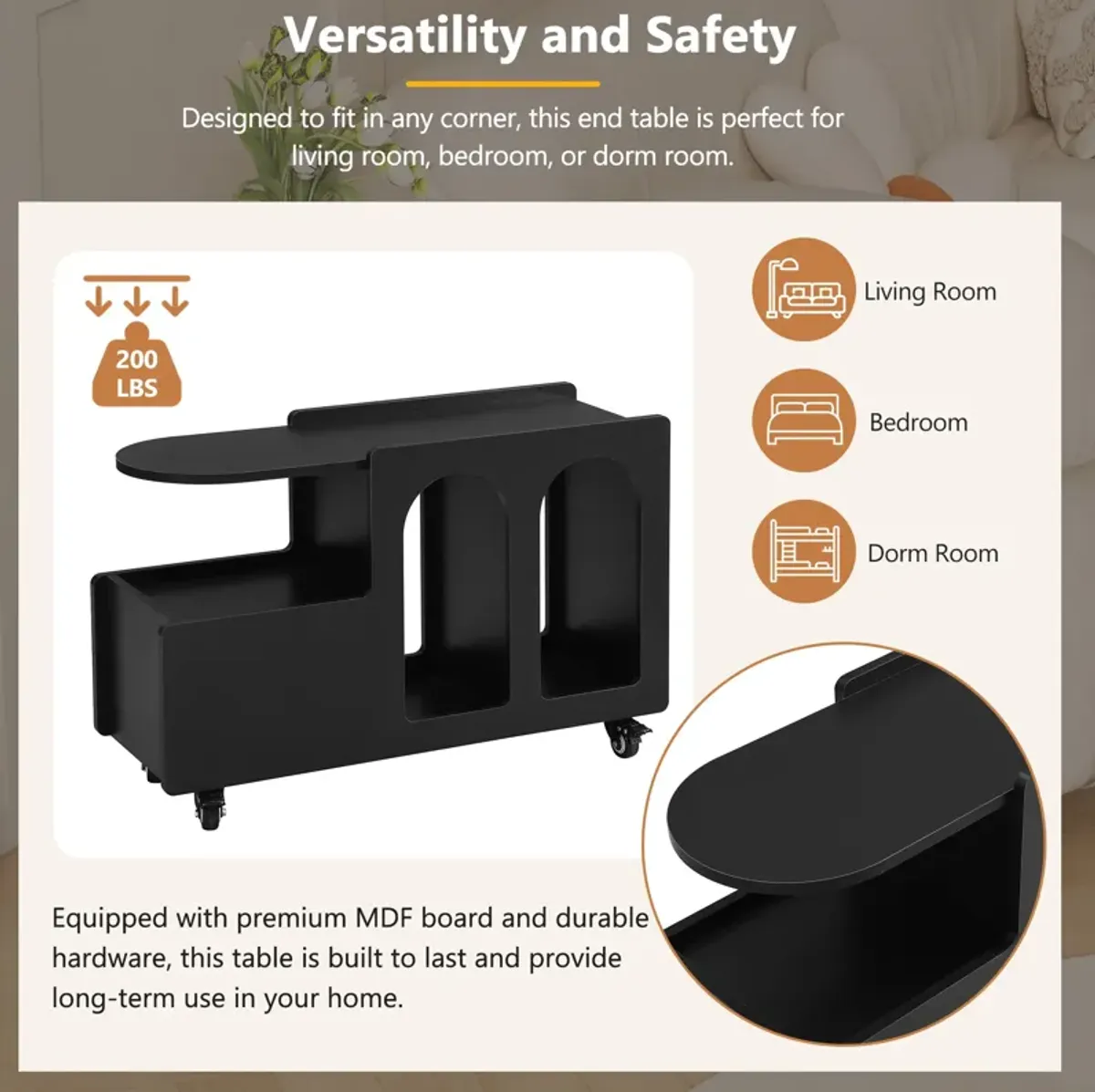 Merax Mobile End Table with Lockable Wheels