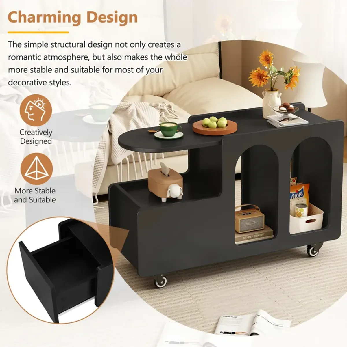 Merax Mobile End Table with Lockable Wheels