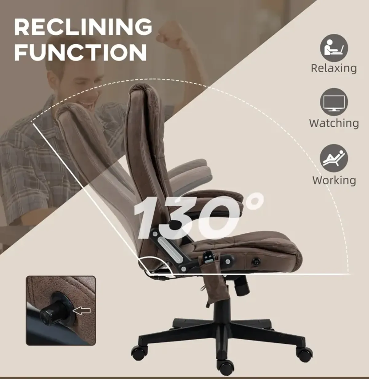 Heated Vibrating Office Chair: Linen, High Back, Coffee Color