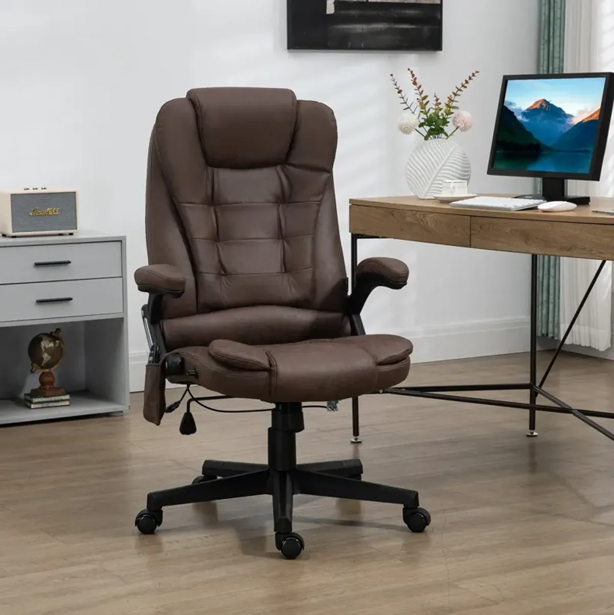 Heated Vibrating Office Chair: Linen, High Back, Coffee Color