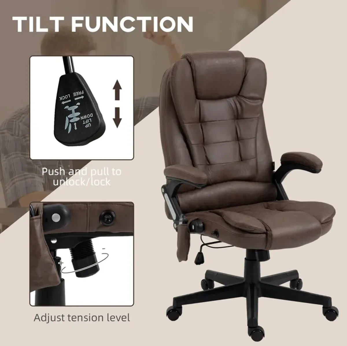 Heated Vibrating Office Chair: Linen, High Back, Coffee Color