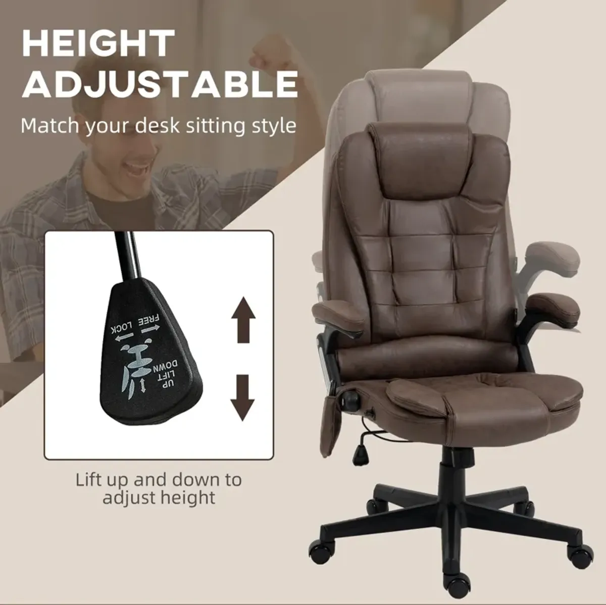 Heated Vibrating Office Chair: Linen, High Back, Coffee Color