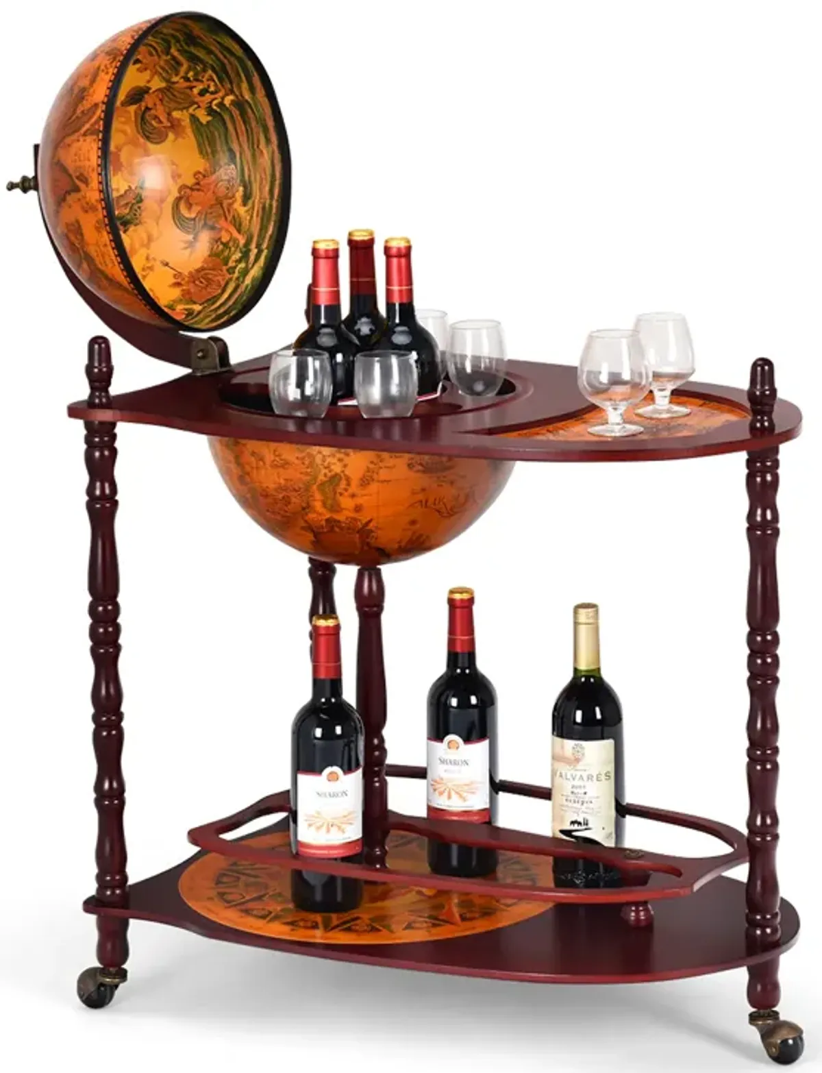 Vintage Globe Rolling Wine Bar Cart with Extra Shelf