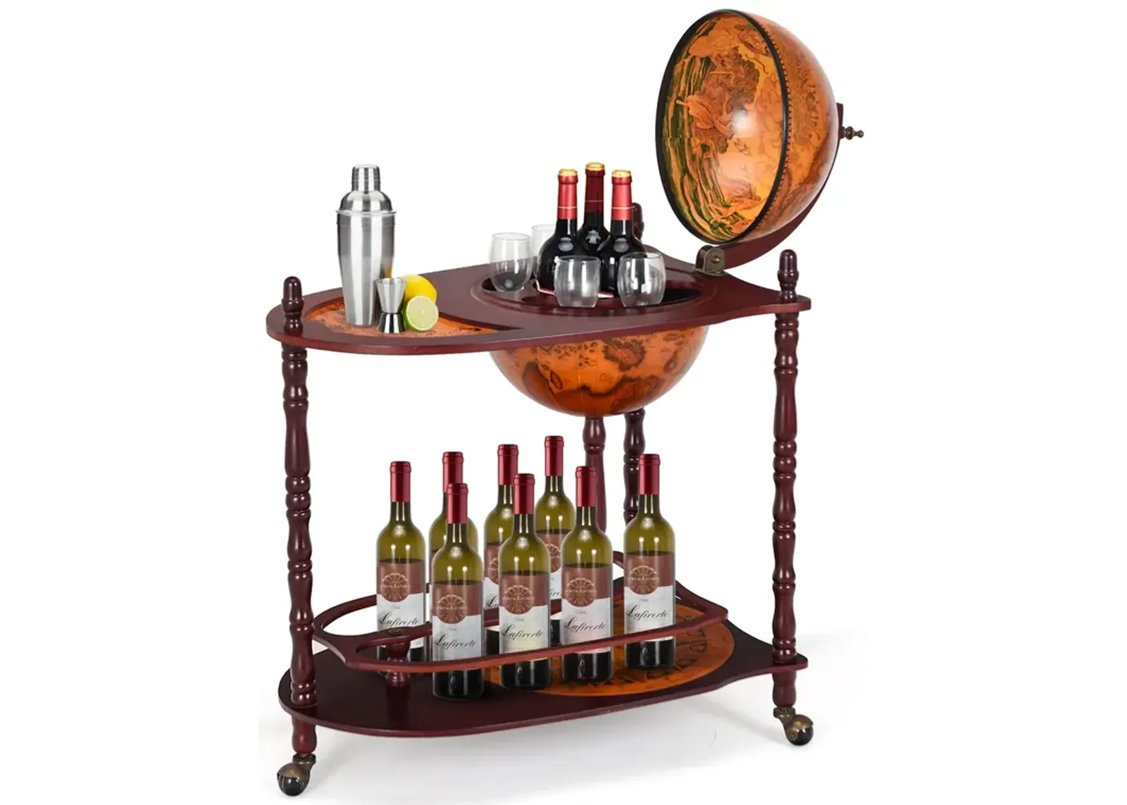 Vintage Globe Rolling Wine Bar Cart with Extra Shelf