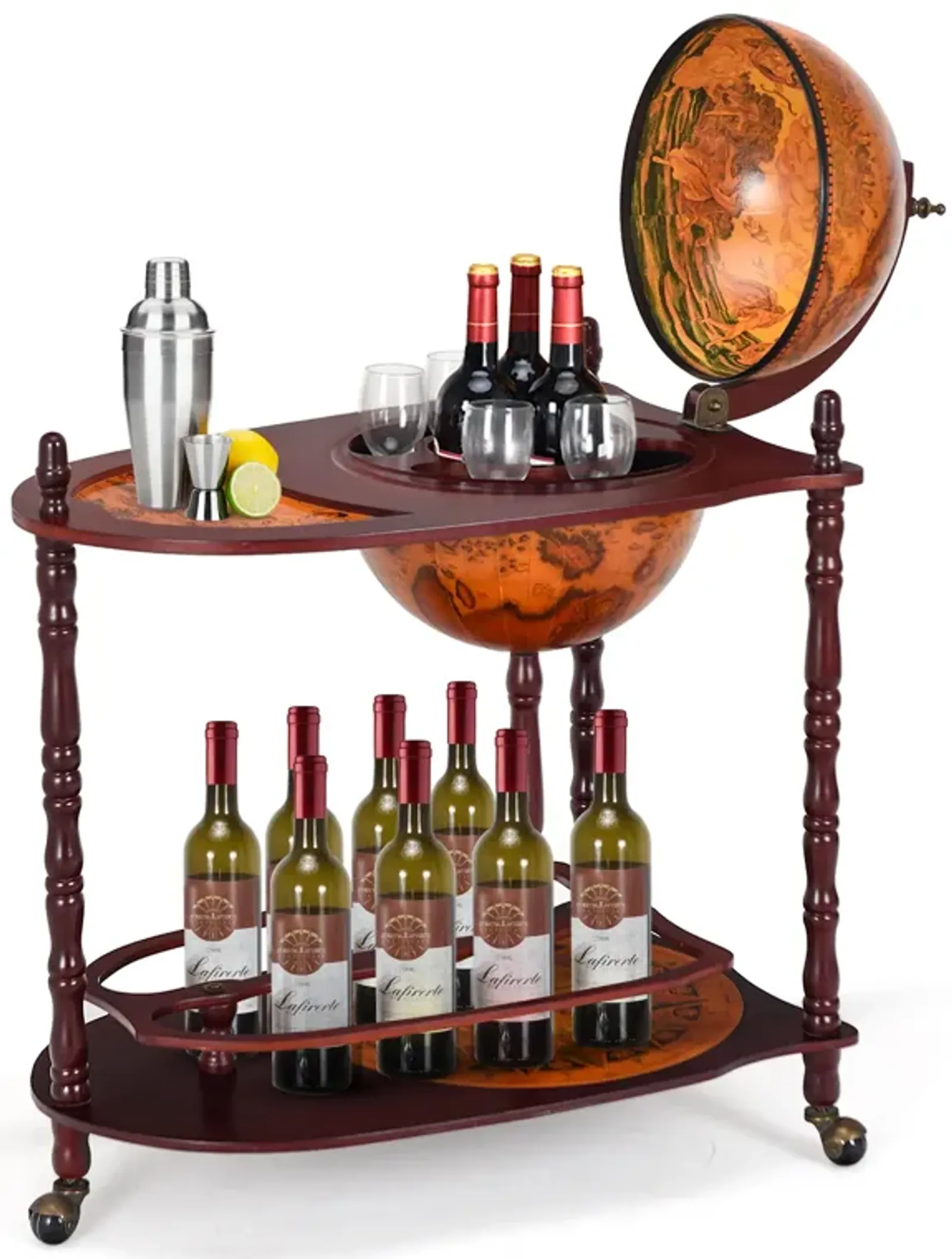 Vintage Globe Rolling Wine Bar Cart with Extra Shelf