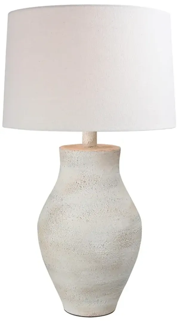 Benjara Gov 27 Inch Table Lamp, Beige Drum Shade, Vase Shaped Body, Spring Mist, White