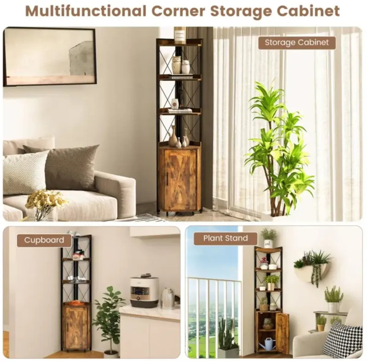 Hivvago Tall Corner Storage Cabinet with 3-Tier Shelf and Enclosed Cabinet - Space-Saving Solution for Any Room