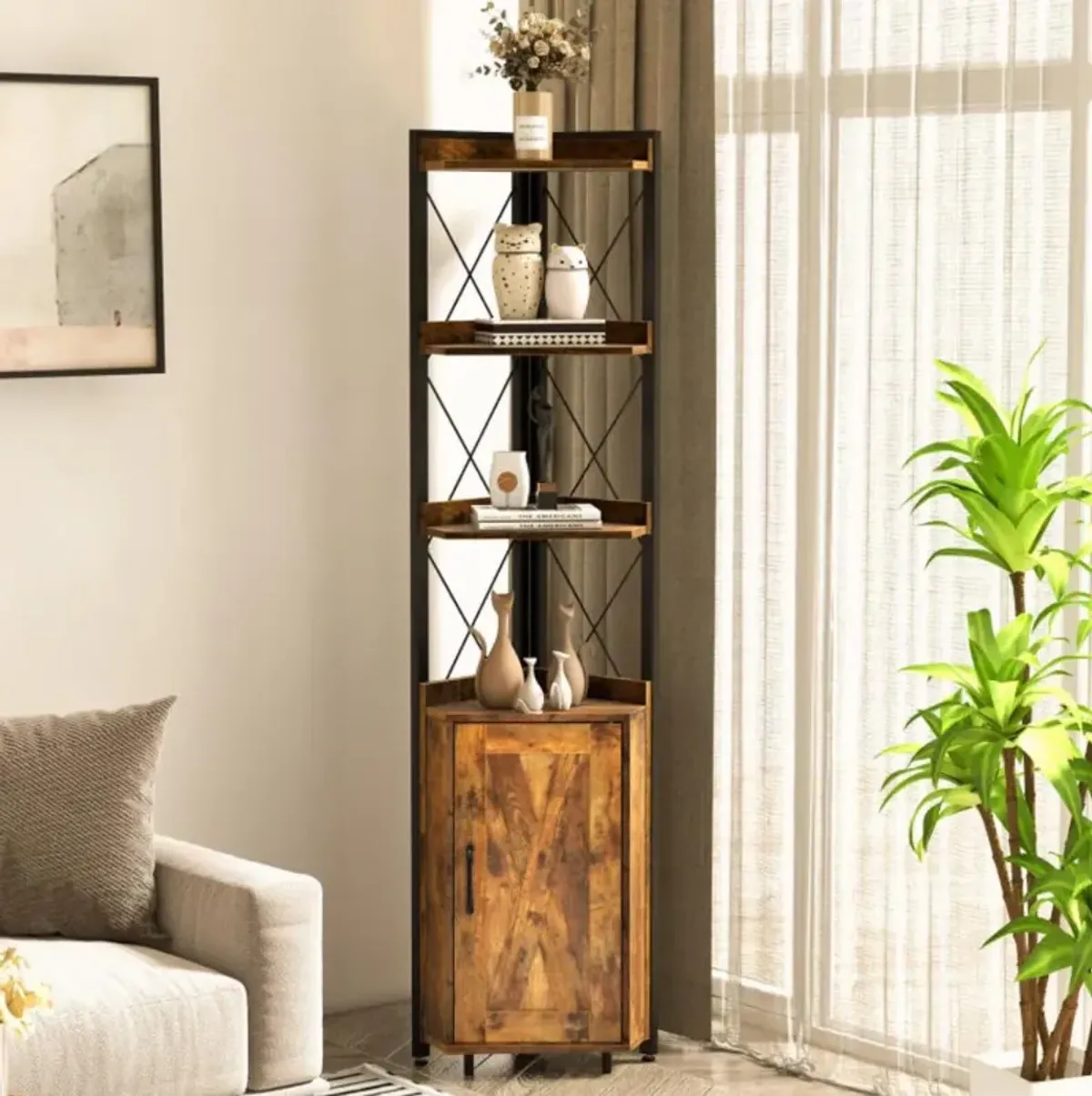 Hivvago Tall Corner Storage Cabinet with 3-Tier Shelf and Enclosed Cabinet