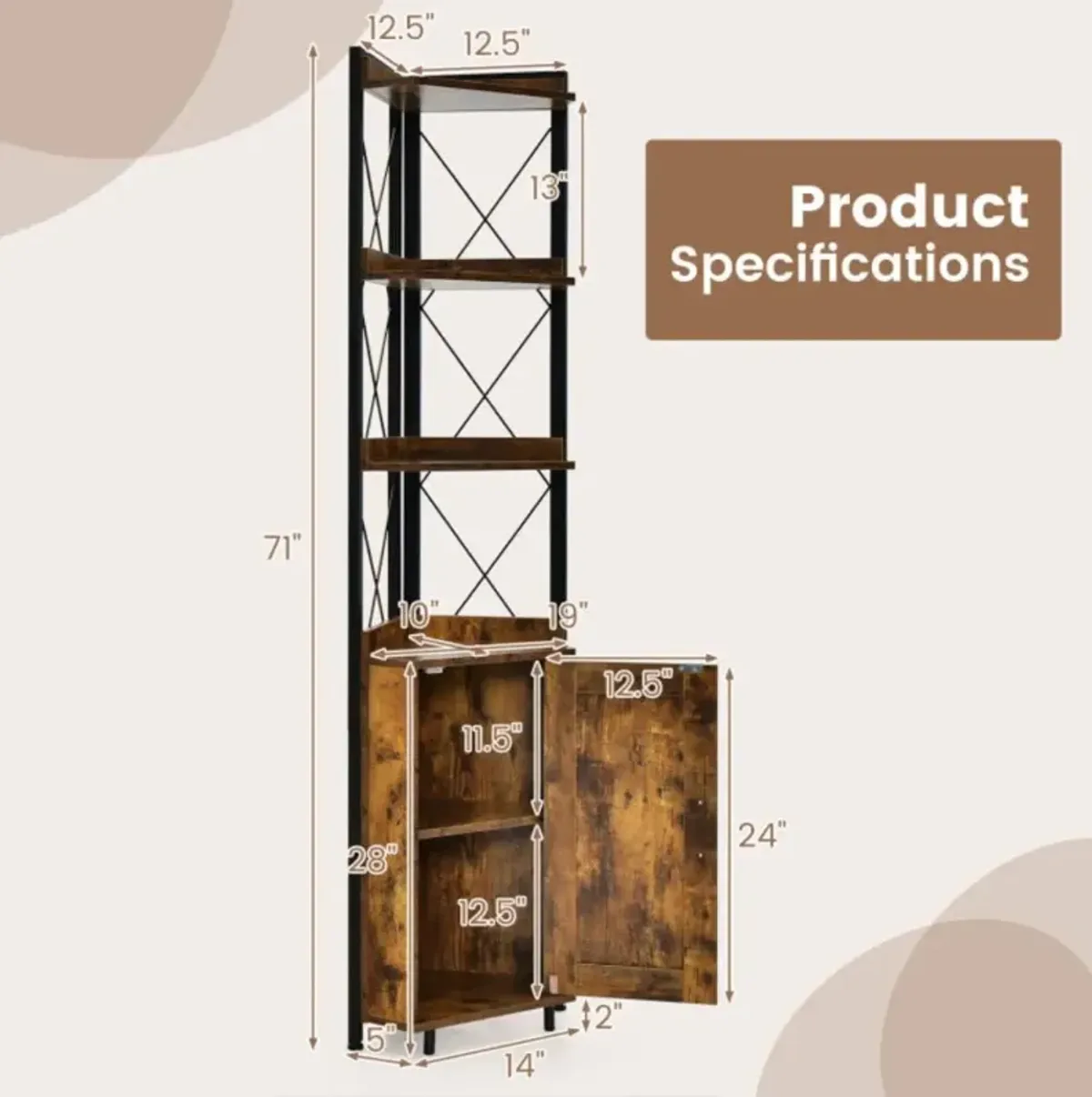 Hivvago Tall Corner Storage Cabinet with 3-Tier Shelf and Enclosed Cabinet - Space-Saving Solution for Any Room