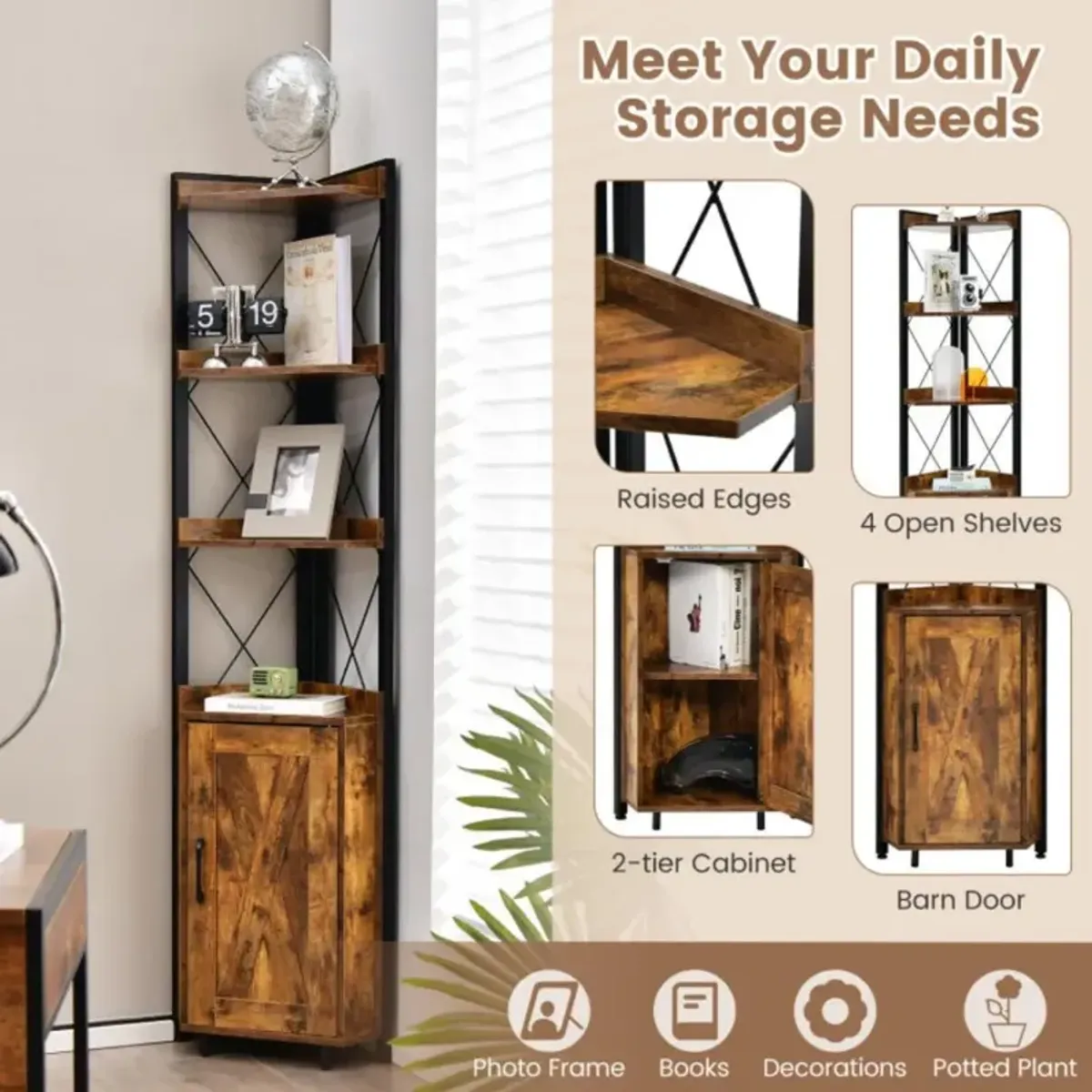 Hivvago Tall Corner Storage Cabinet with 3-Tier Shelf and Enclosed Cabinet - Space-Saving Solution for Any Room