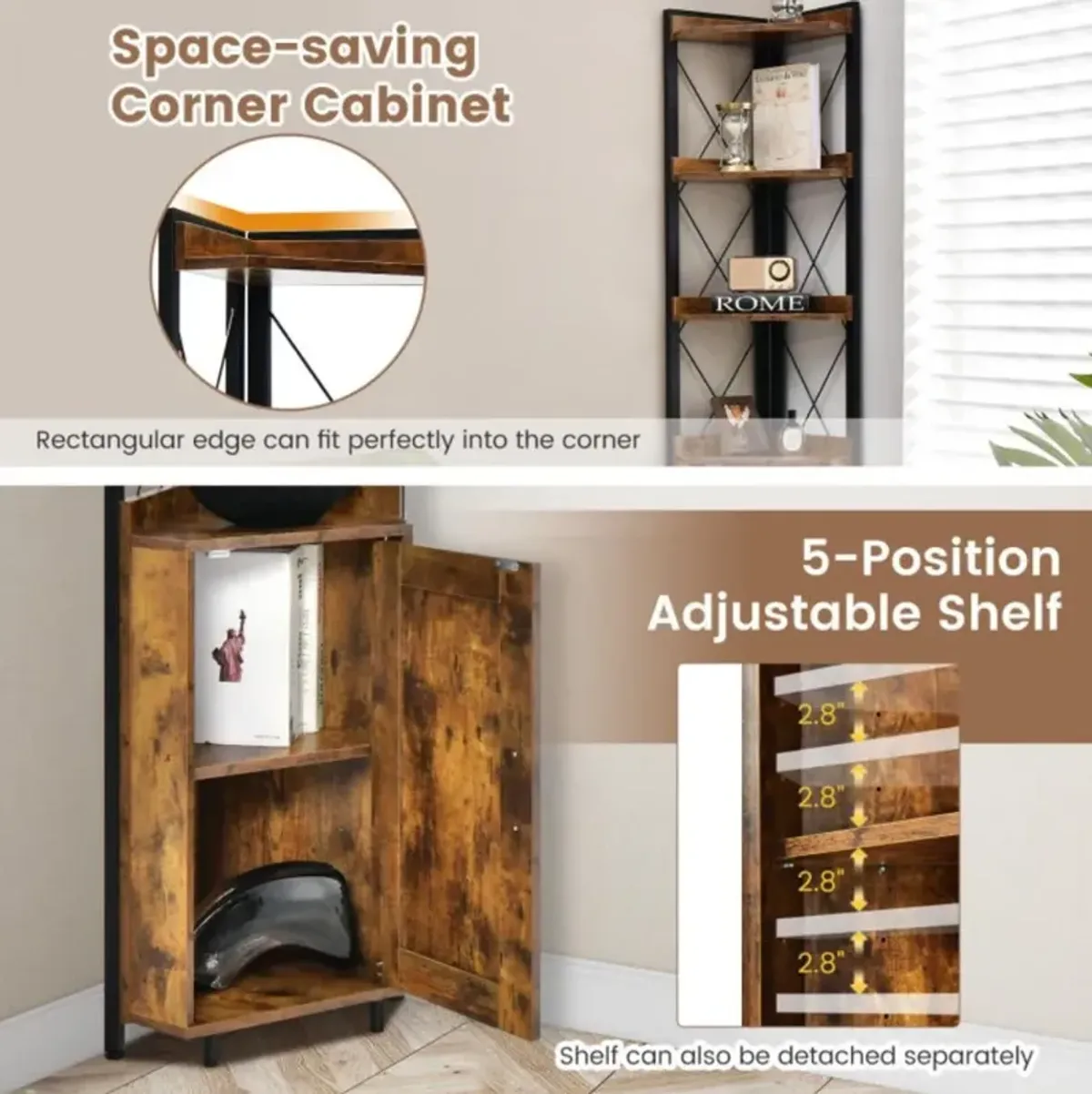 Hivvago Tall Corner Storage Cabinet with 3-Tier Shelf and Enclosed Cabinet - Space-Saving Solution for Any Room