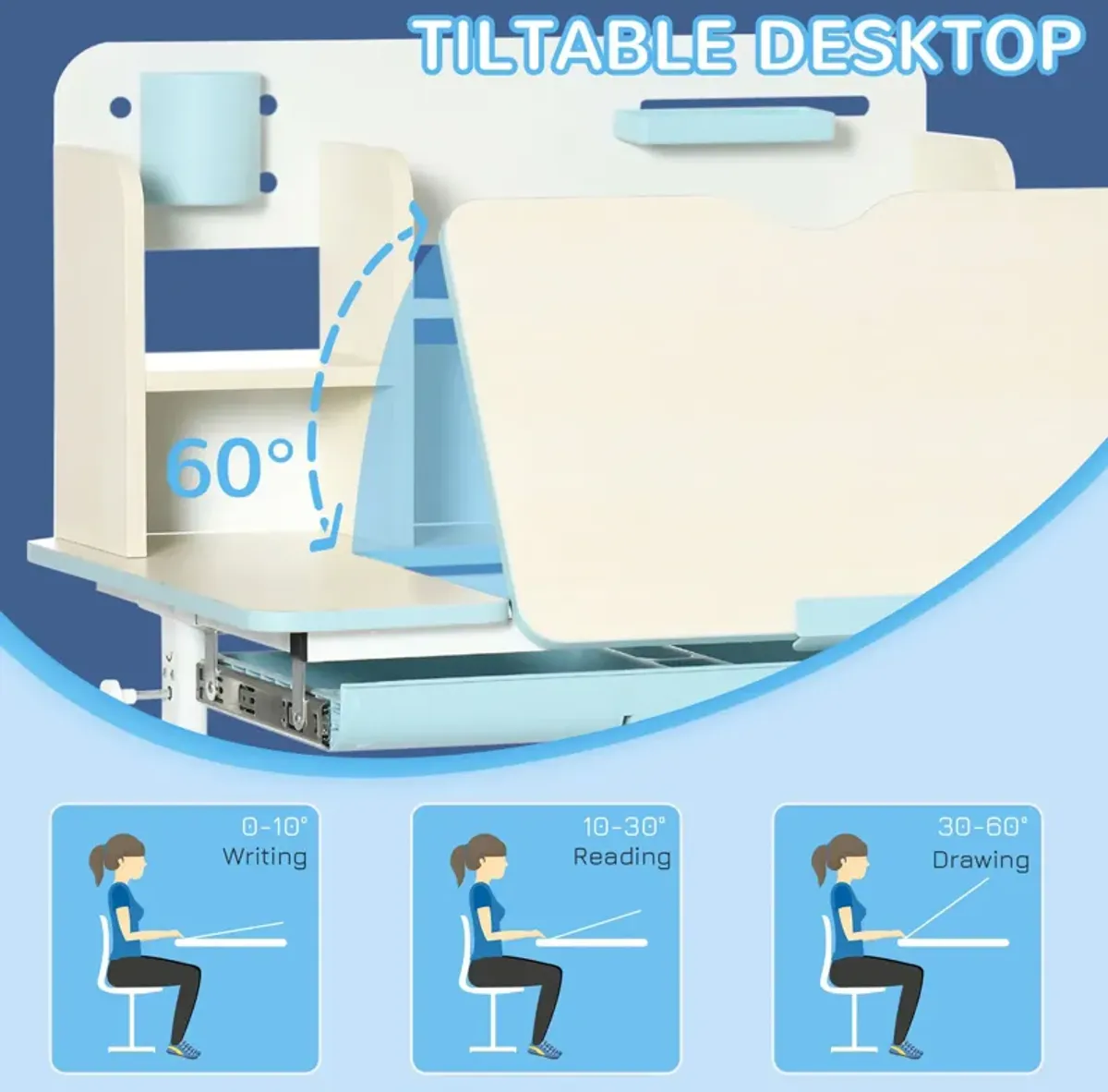 Blue Kids' Workstation: Adjustable Desk Set with Tilt Top & Drawer