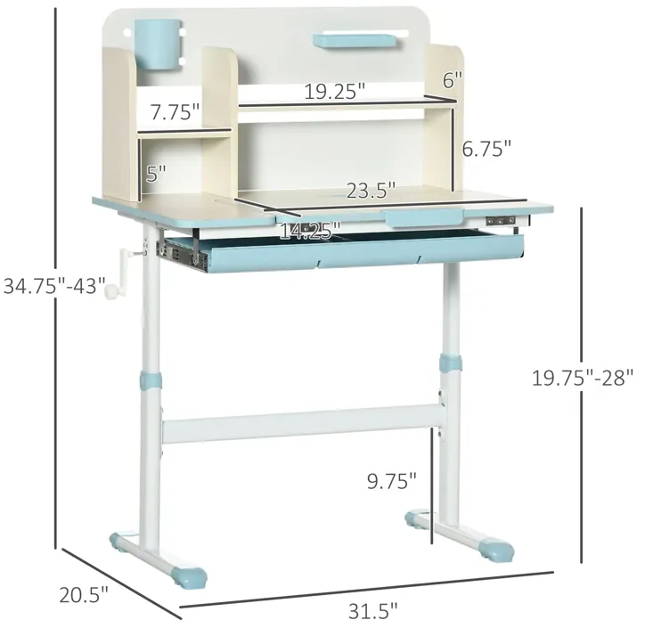 Kids Desk, Height Adjustable Children School Study Table, Student Writing Desk with Tilt Desktop, Drawer, Storage Shelf, Pen Holder, Blue