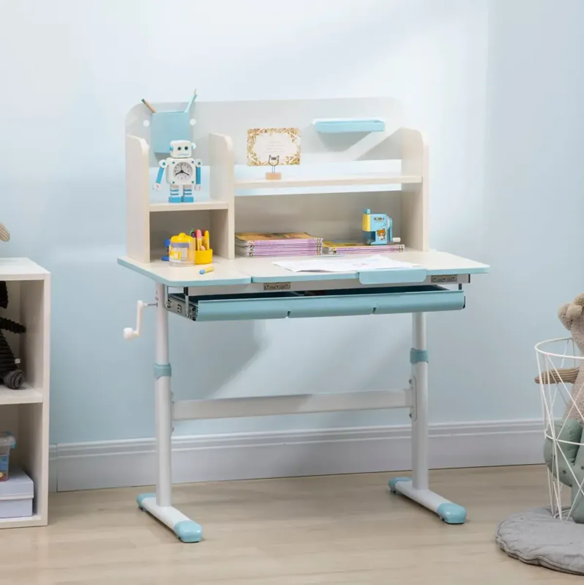 Blue Kids' Workstation: Adjustable Desk Set with Tilt Top & Drawer