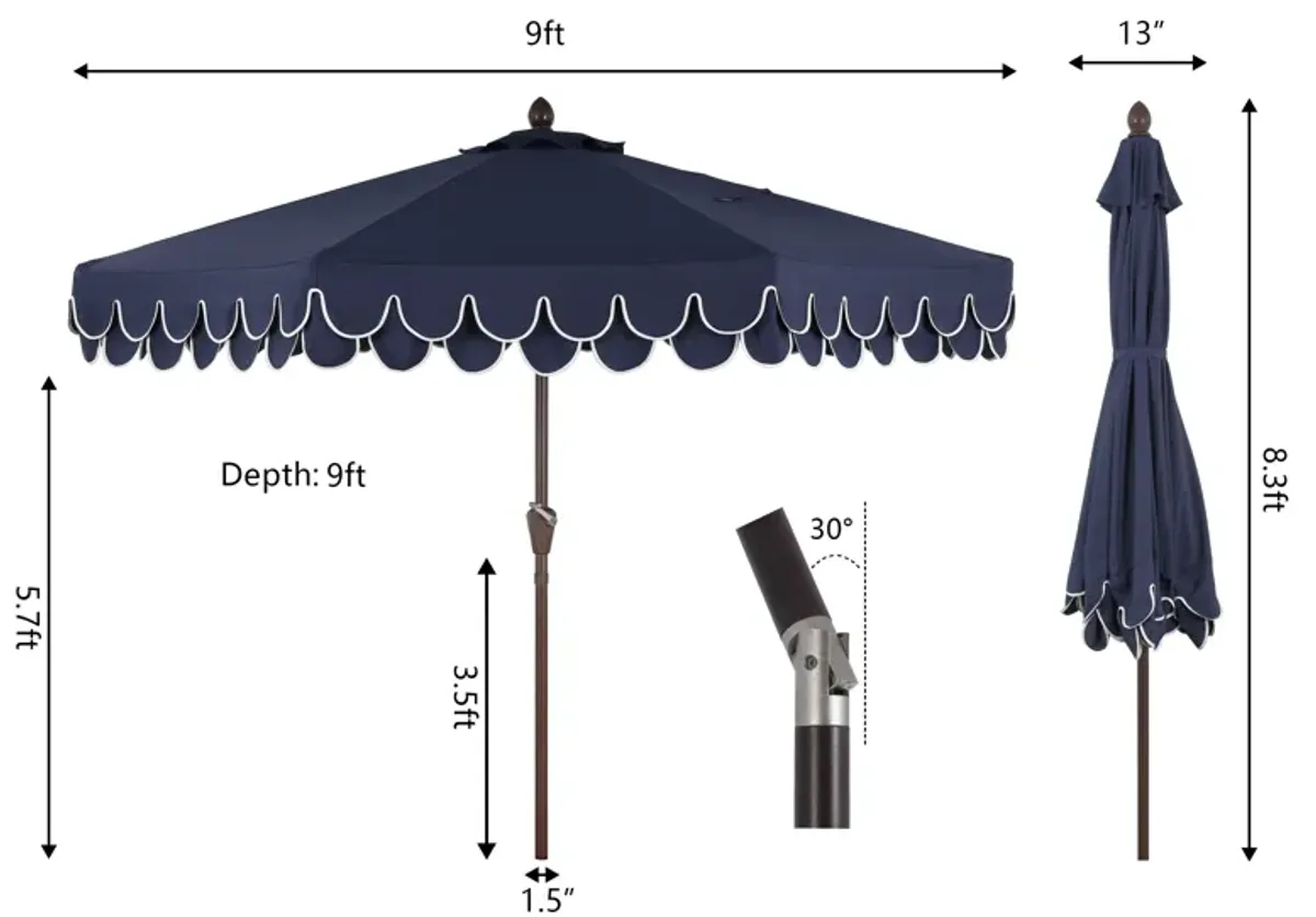 Tracy Classic MidCentury Scalloped Fringe Market Patio Umbrella with Auto-Tilt, Crank, Wind Vent and UV Protection