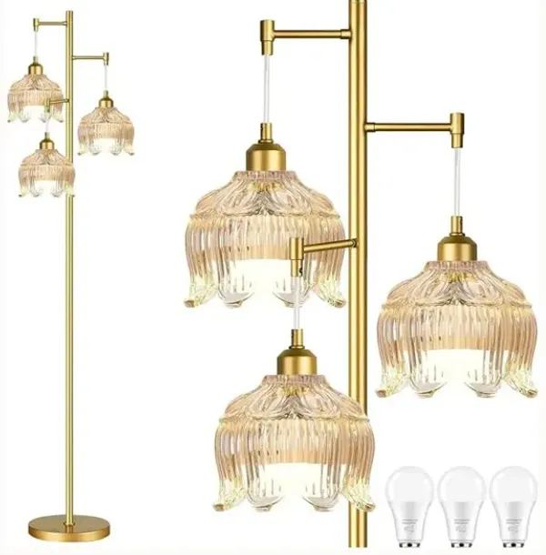 Vintage Flower Floor Lamp – 3-Light Gold Tree Design, Glass Shades, 68" Tall