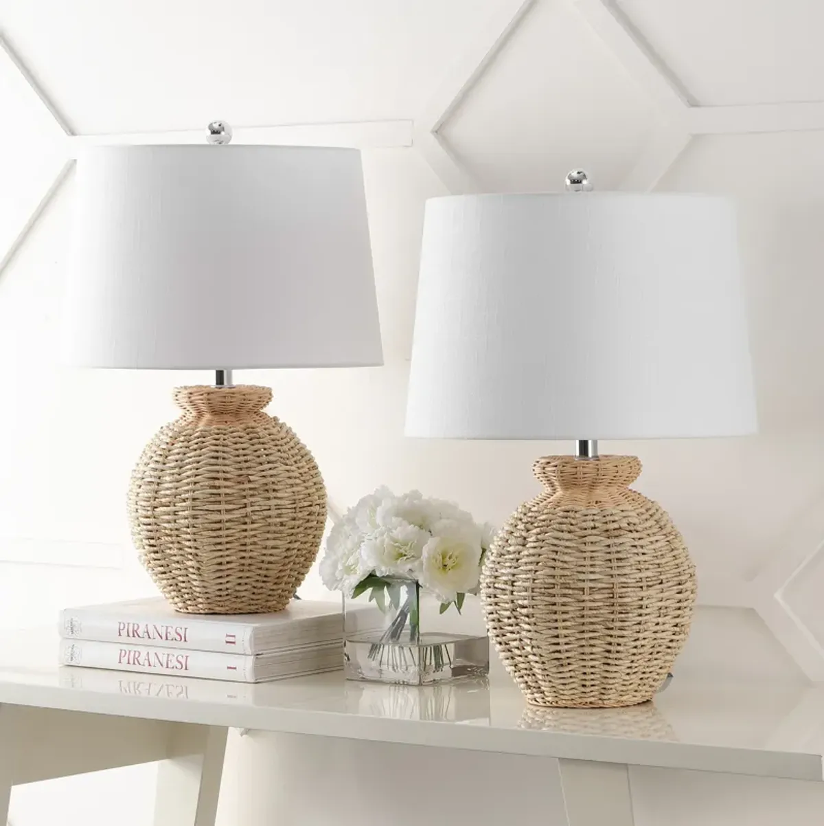 Nora Rustic Coastal Rattan Globe LED Table Lamps