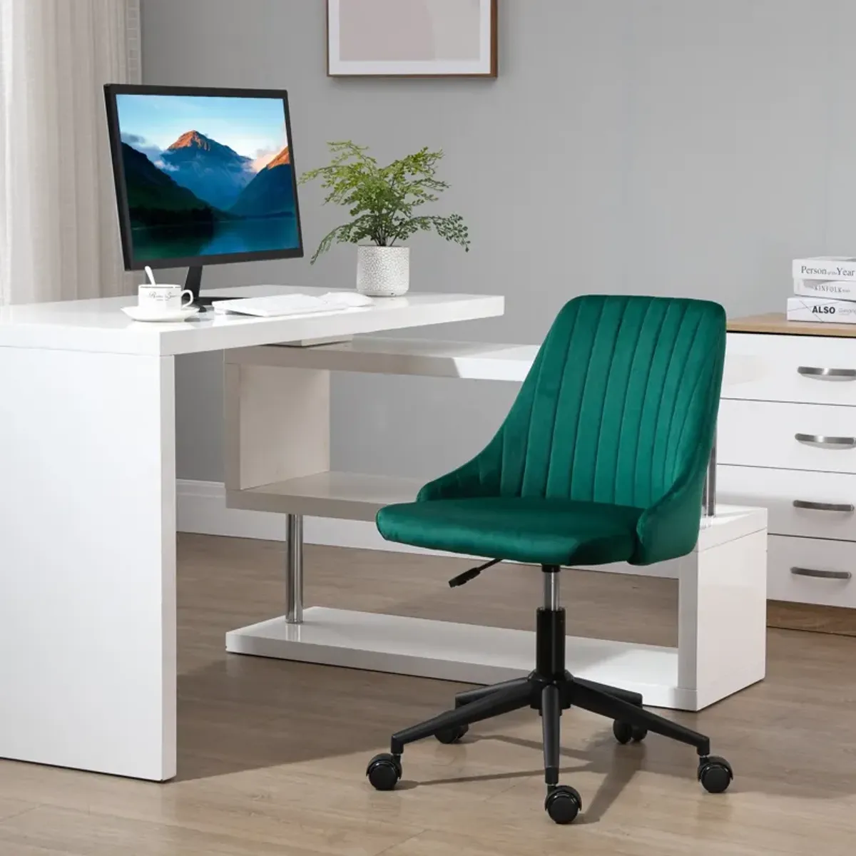 Green Workstation Seat: Velvet Swivel Mid-Back Chair for Home Office