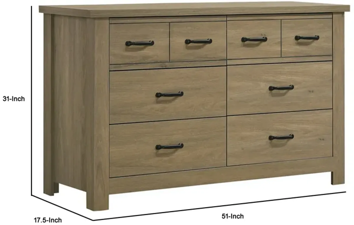 51 Inch Wood Dresser with 6 Drawers and Black Handles, Straight Legs, Gray - Benzara