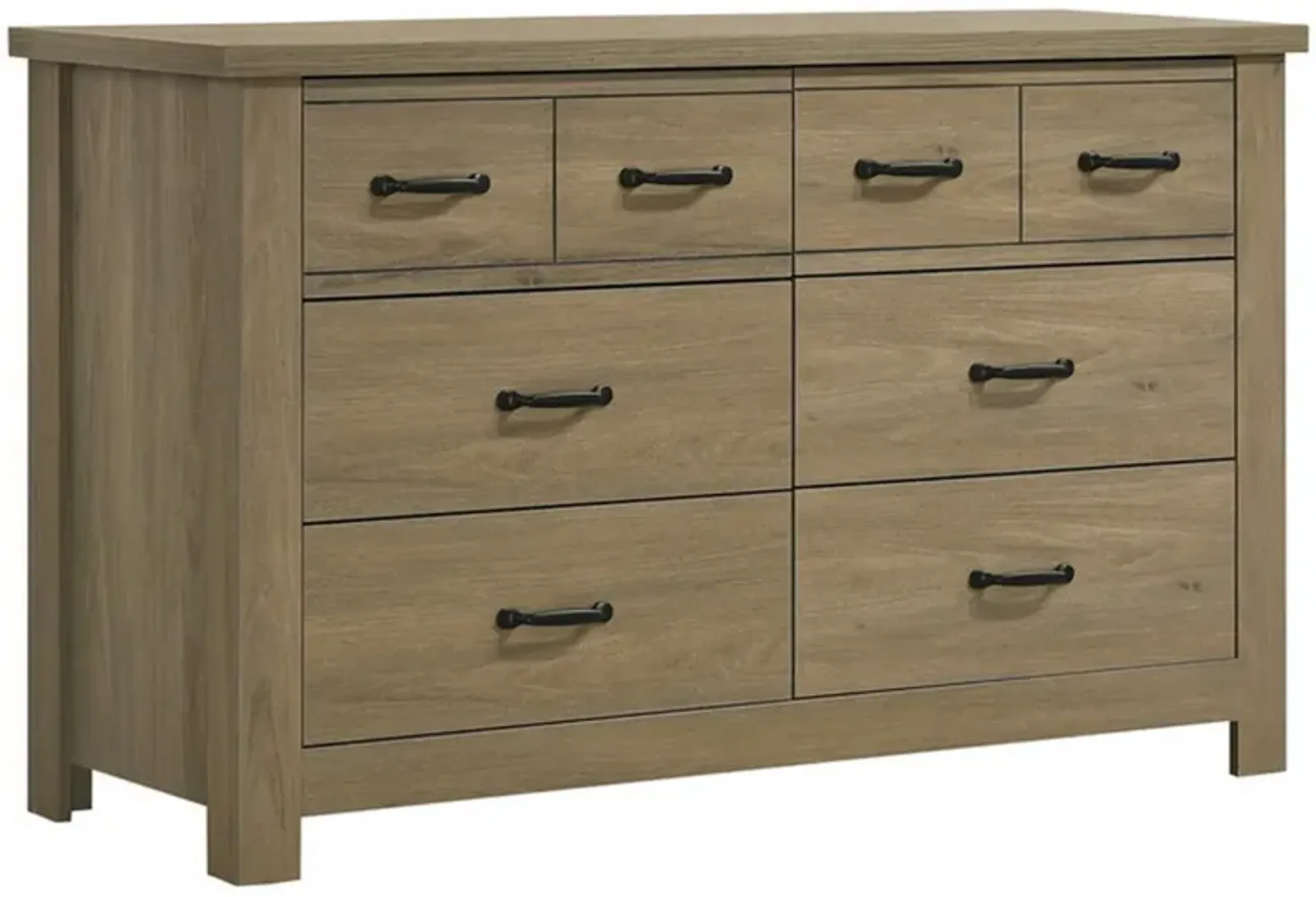 51 Inch Wood Dresser with 6 Drawers and Black Handles, Straight Legs, Gray - Benzara