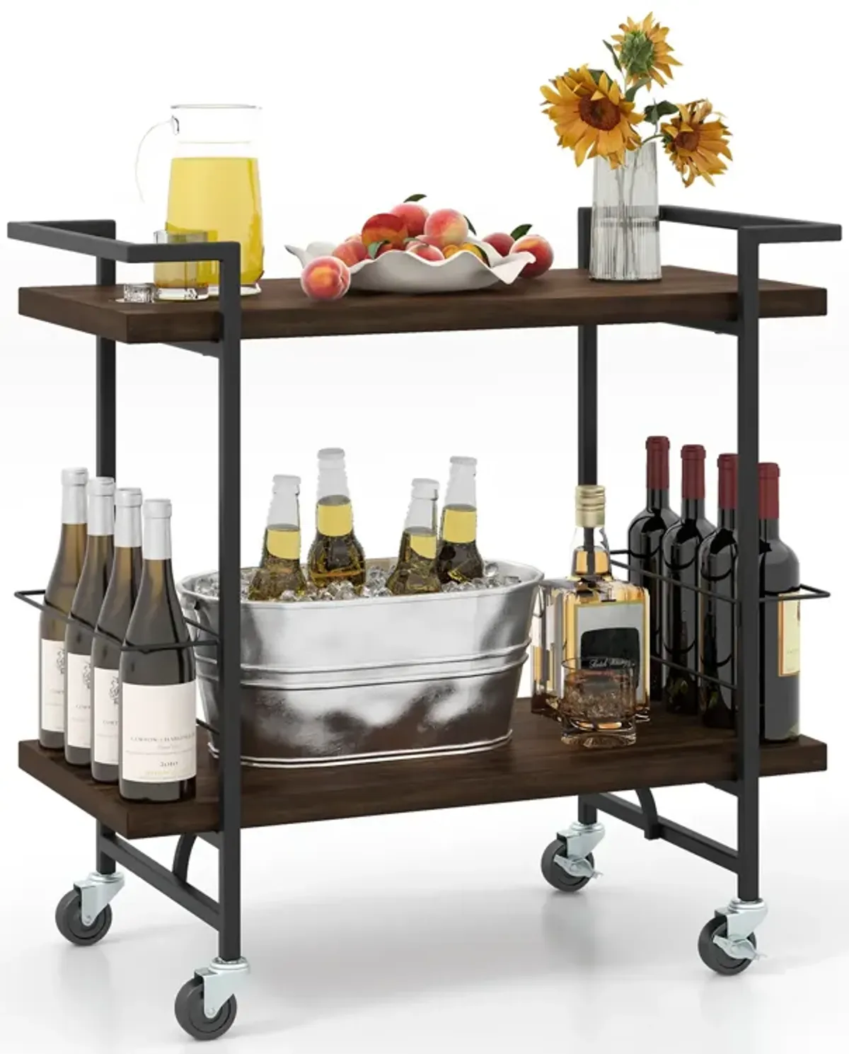 2-Tier Home Bar Cart with Lockable Wheels and Heavy-Duty Metal Frame-Rustic Brown