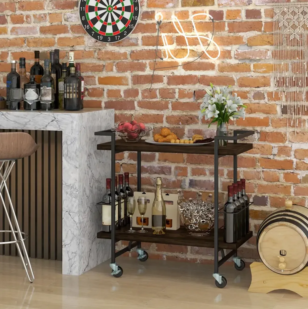 2-Tier Home Bar Cart with Lockable Wheels and Heavy-Duty Metal Frame-Rustic Brown