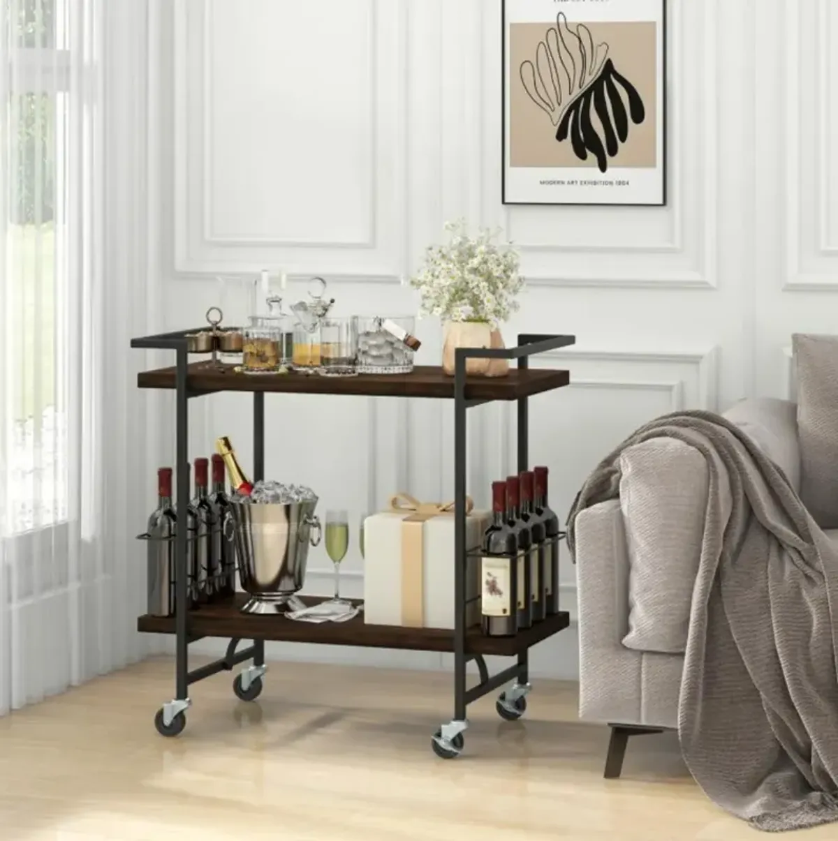 2-Tier Home Bar Cart with Lockable Wheels and Heavy-Duty Metal Frame-Rustic Brown