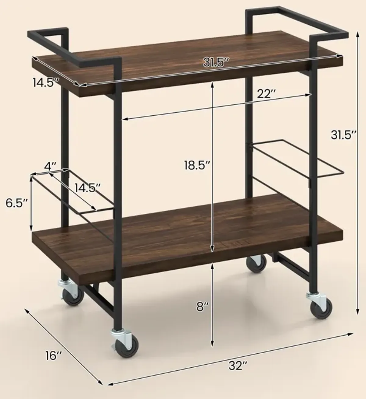 2-Tier Home Bar Cart with Lockable Wheels and Heavy-Duty Metal Frame-Rustic Brown