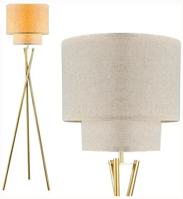 Gold Tripod Floor Lamp – 67.7" Tall, Dual Drum Shade, E26 LED Bulb Included