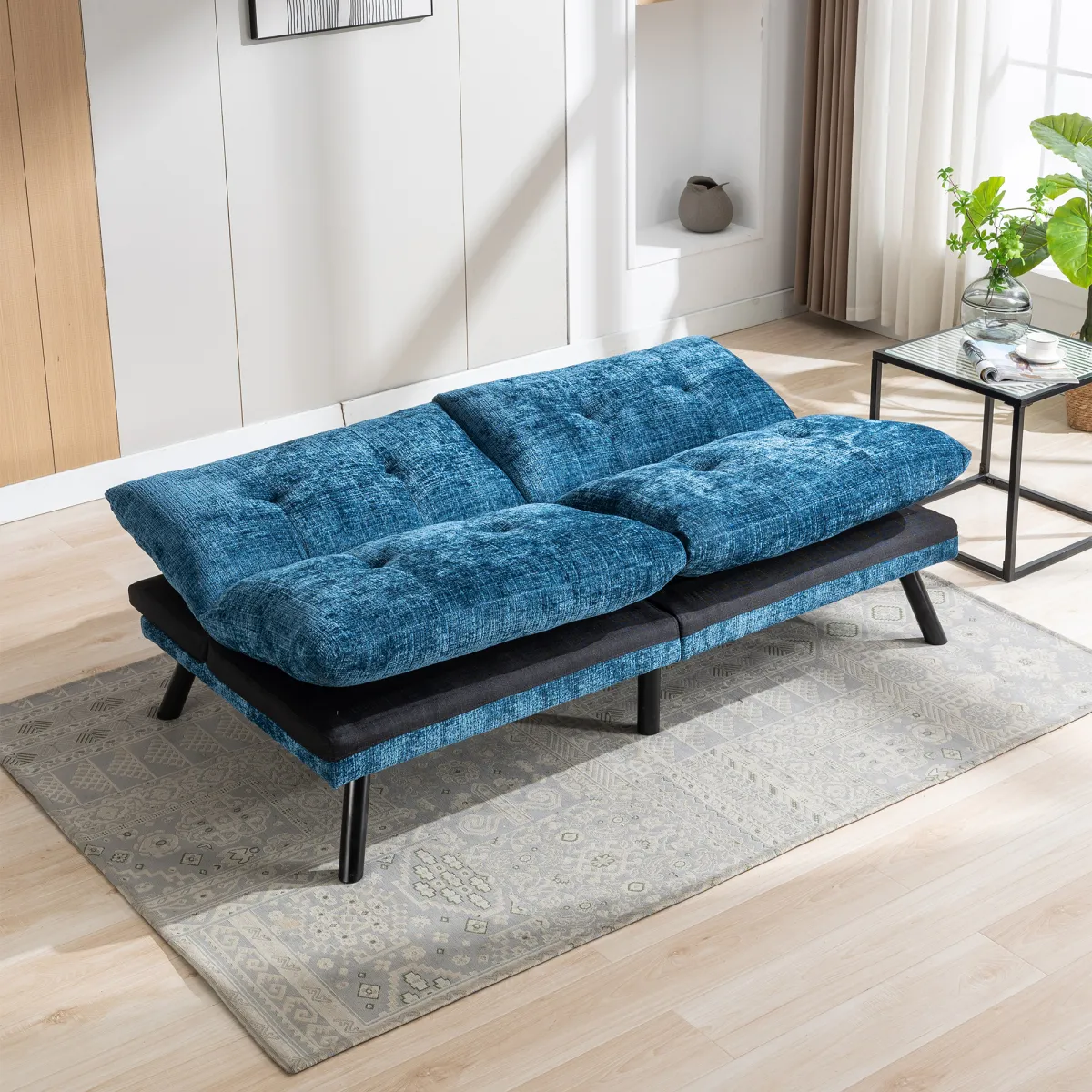 Chenille Blue Futon Sofa Bed with Adjustable Metal Legs