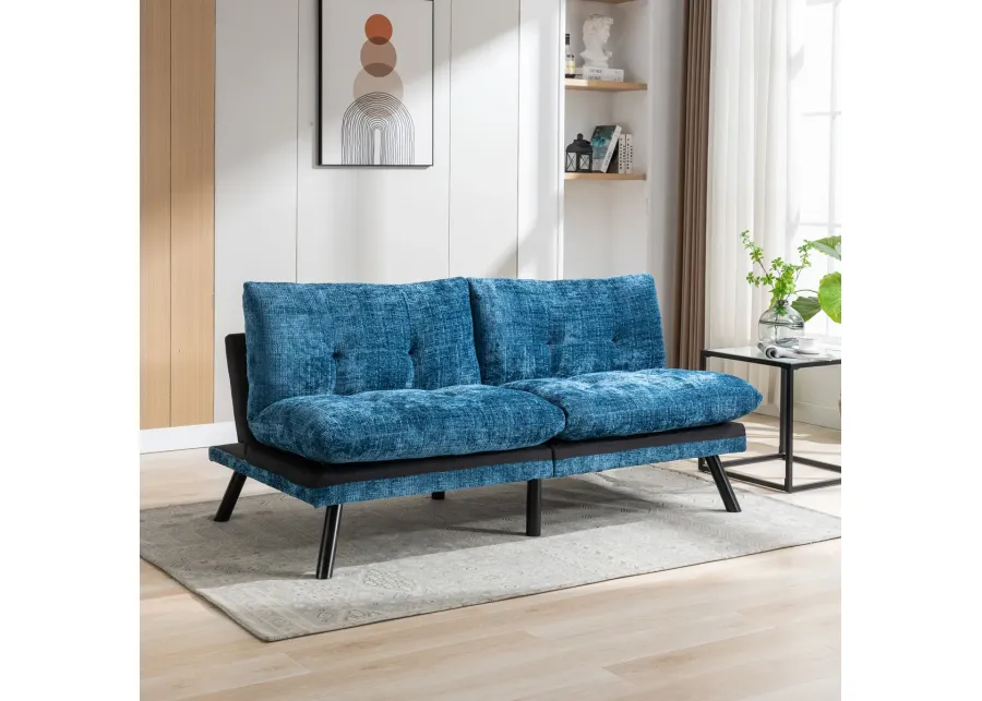 Chenille Blue Futon Sofa Bed with Adjustable Metal Legs