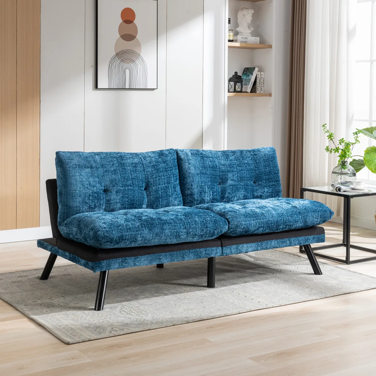 Chenille Blue Futon Sofa Bed with Adjustable Metal Legs