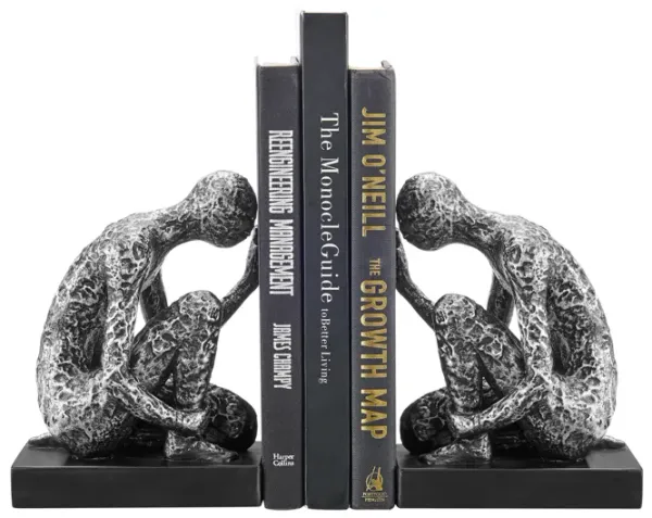 Danya B. Kneeling Figure Sculptures Polyresin Silver and Black Finish Bookend Set of 2