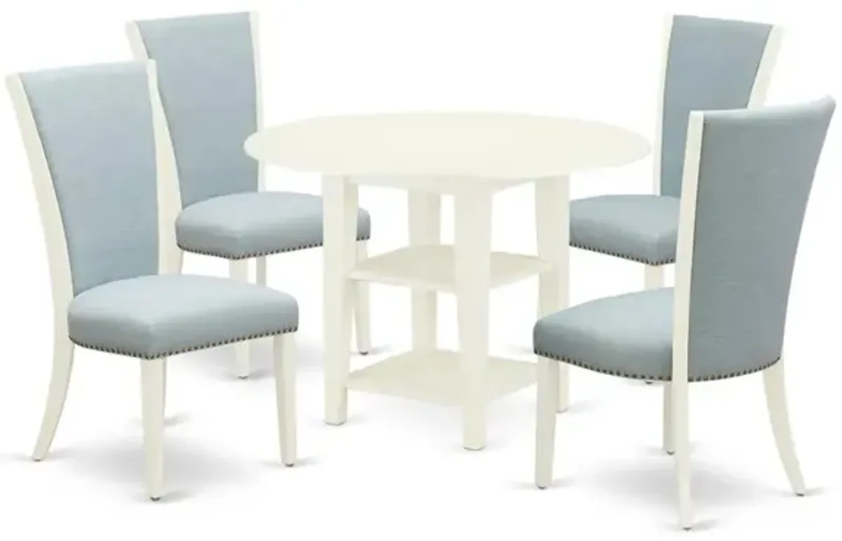 East-West Furniture SUVE5-LWH-15 - A dining set of 4 great kitchen chairs with Linen Fabric Baby Blue color and a stunning drop leaf antique wooden dining table with Linen White color