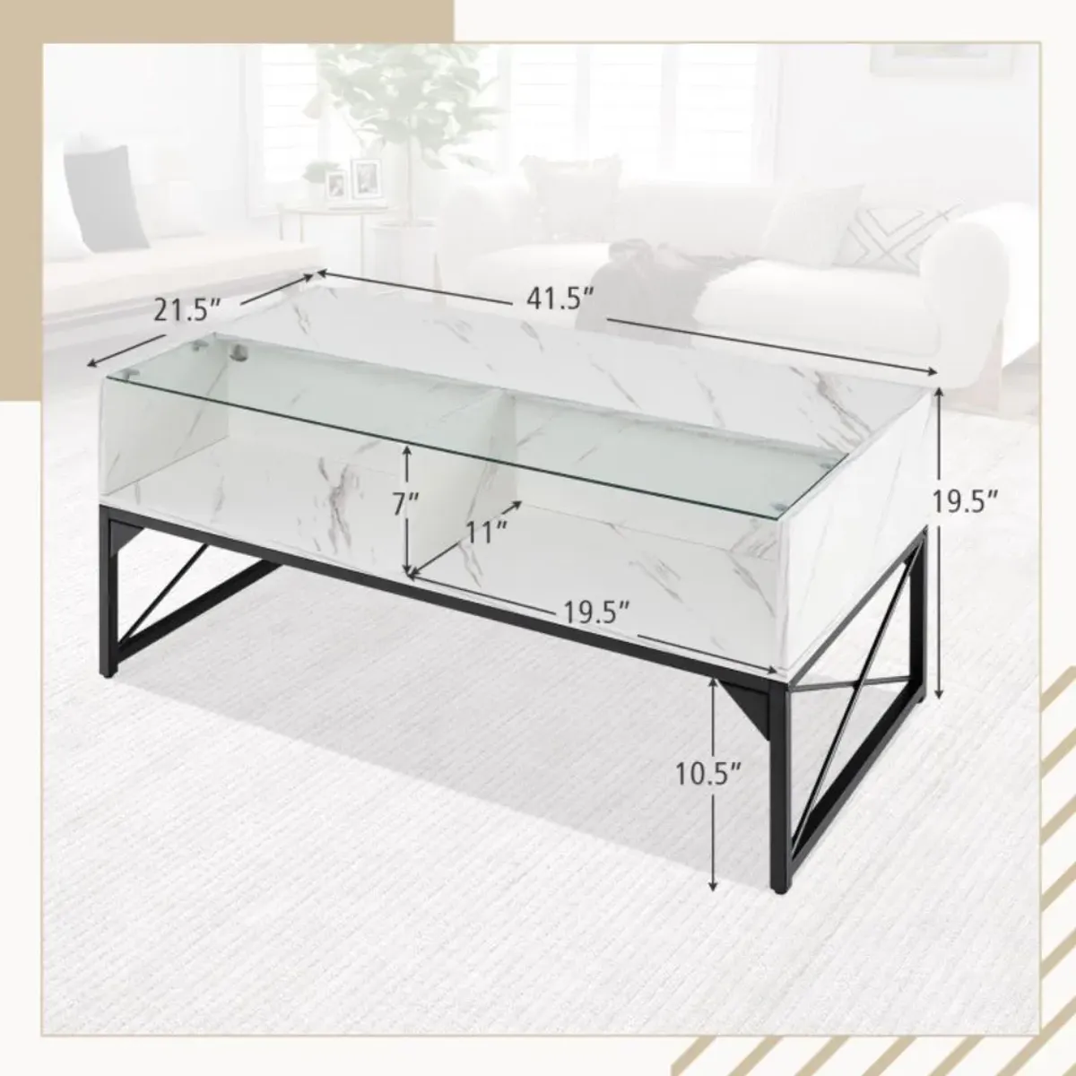 Hivvago Center Table with Faux Marble and Tempered Glass Top