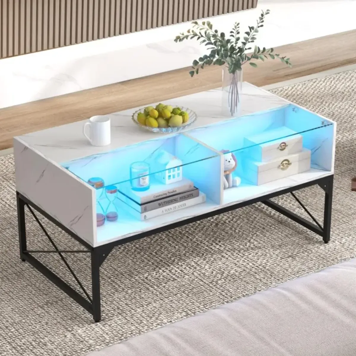 Hivvago Center Table with Faux Marble and Tempered Glass Top