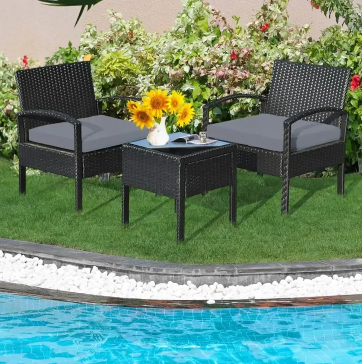 Hivvago Hivvago 3 Pieces Outdoor Rattan Patio Conversation Set with Seat Cushions