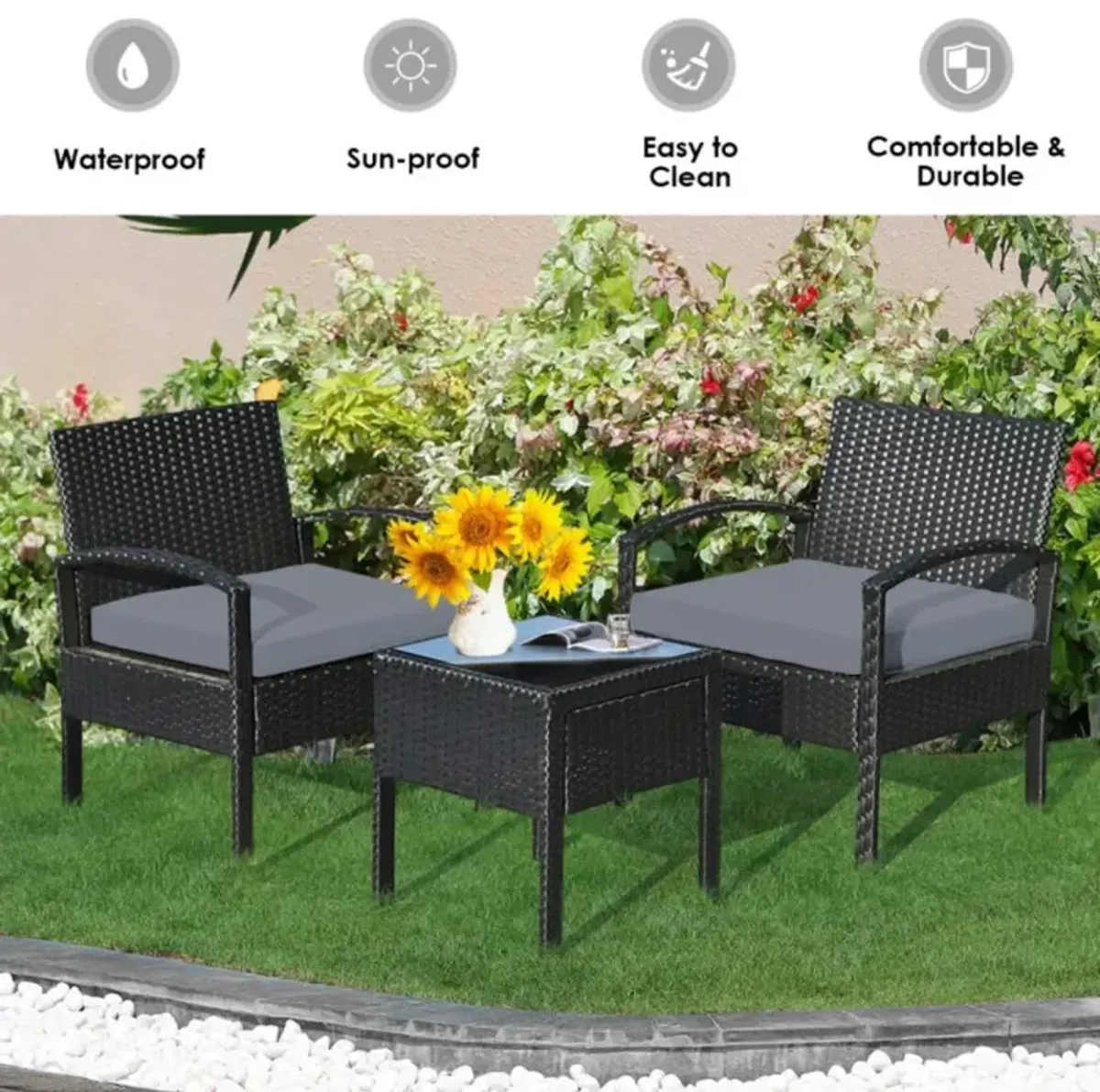 Hivvago Hivvago 3 Pieces Outdoor Rattan Patio Conversation Set with Seat Cushions