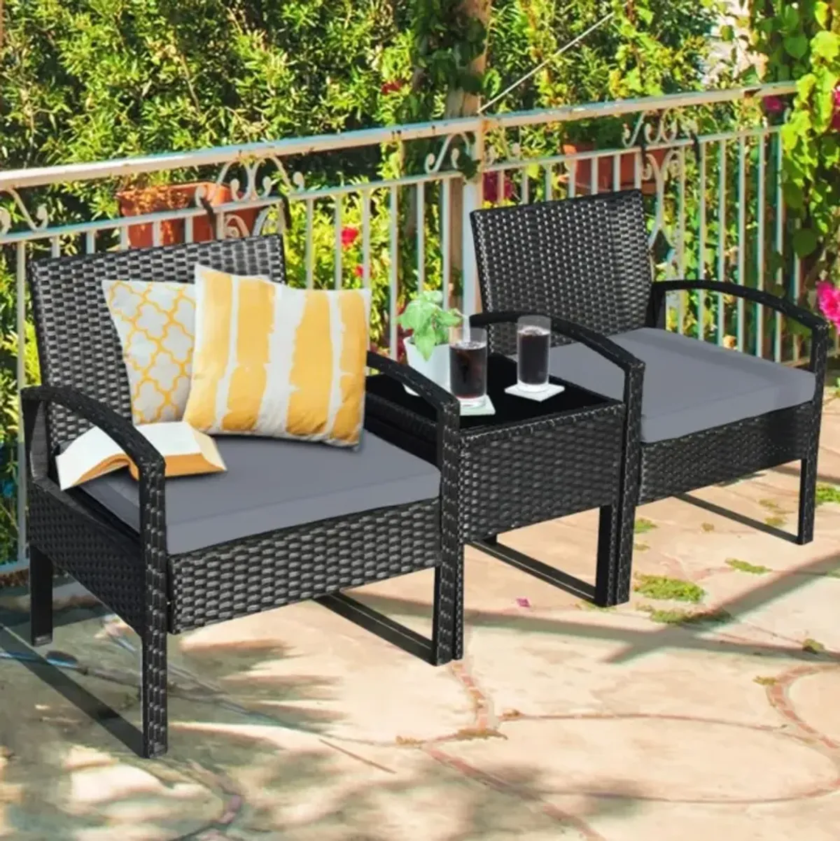 Hivvago Hivvago 3 Pieces Outdoor Rattan Patio Conversation Set with Seat Cushions