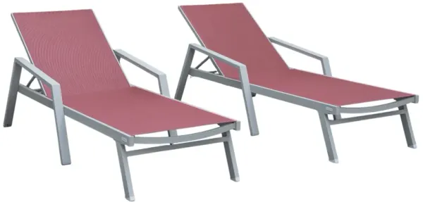 LeisureMod Marlin Patio Chaise Lounge Chair With Armrests in Grey Aluminum Frame, Set of 2 in Green