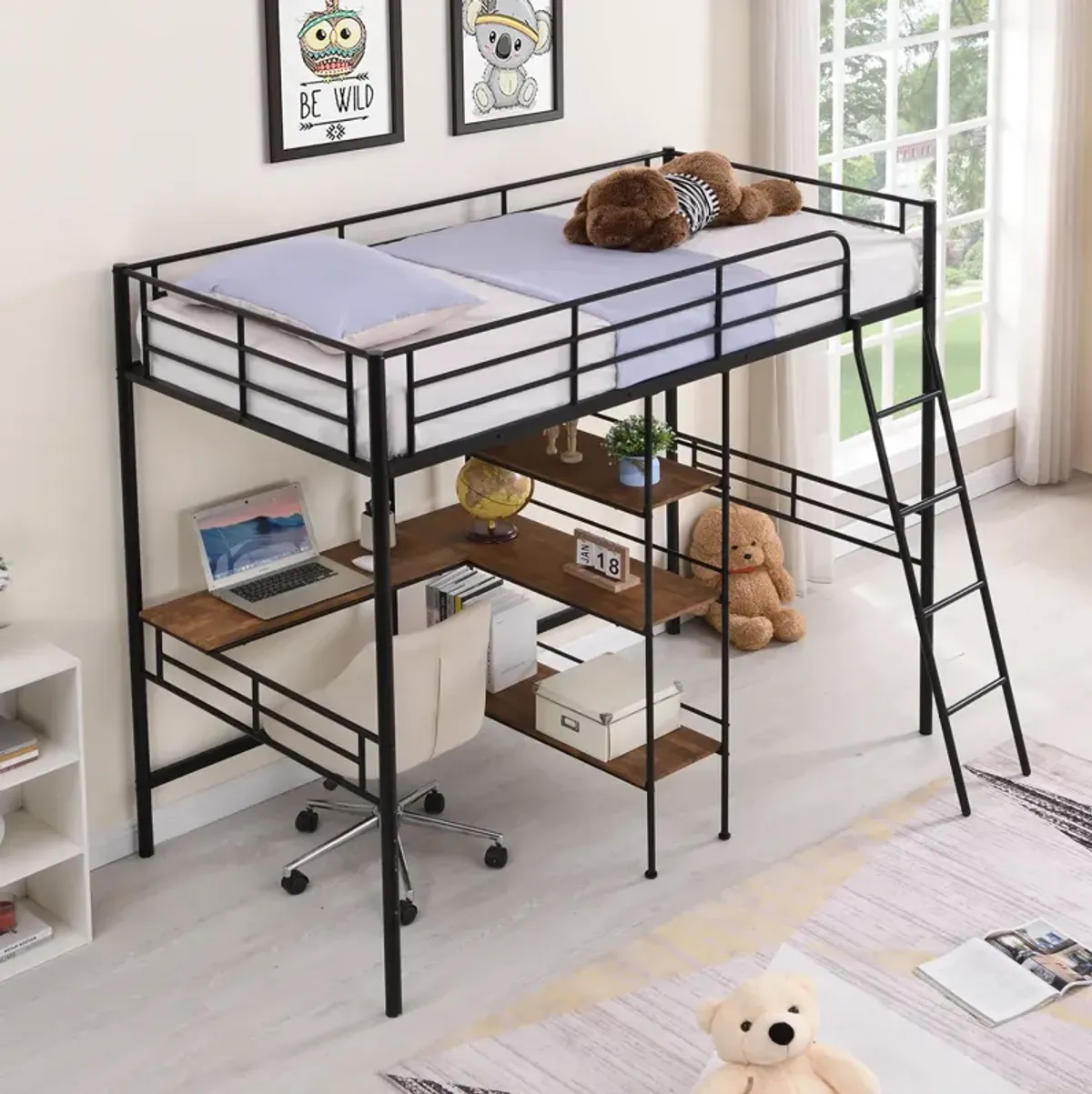 Twin Size Metal Loft Bed and Built-in Desk and Shelves