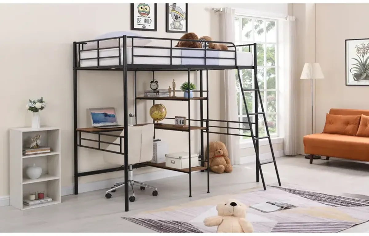 Twin Size Metal Loft Bed and Built-in Desk and Shelves